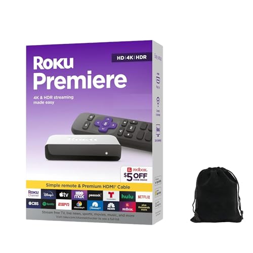 Roku Premiere | 4K/HDR Streaming-Media-Player, WLAN-fähig mit Premium-High-Speed-HDMI-Kabel und einfacher Fernbedienung, inklusive Tasche