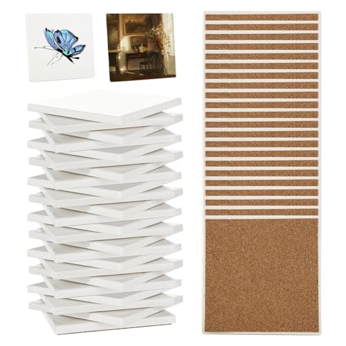 FIGGRITID 25PCS Sublimations-Untersetzer-Set-Kit für Glänzende Glasierte Fliesen-Untersetzer mit Korkrücken für Sublimations-Wärmeübertragungsdruck, Einfach zu Verwenden