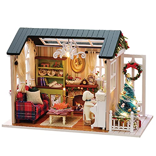 skrskr DIY Weihnachten Miniatur Puppenhaus Kit Realistische Mini 3D Holzhaus Zimmer Handwerk mit Möbeln LED Lichter Kindertag Geburtstagsgeschenk Weihnachtsdekoration
