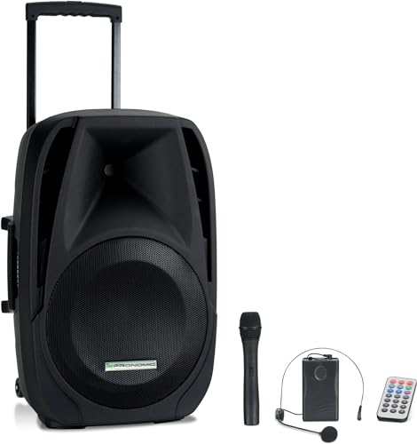 Pronomic PH15AW Akku-Aktivbox 15" (Trolley Box, 15" Speaker, 100 Watt (RMS), 5 Stunden Laufzeit, Bluetooth, MP3/SD/USB-Player, inkl. Funkmikrofon, Headset, Fernbedienung)