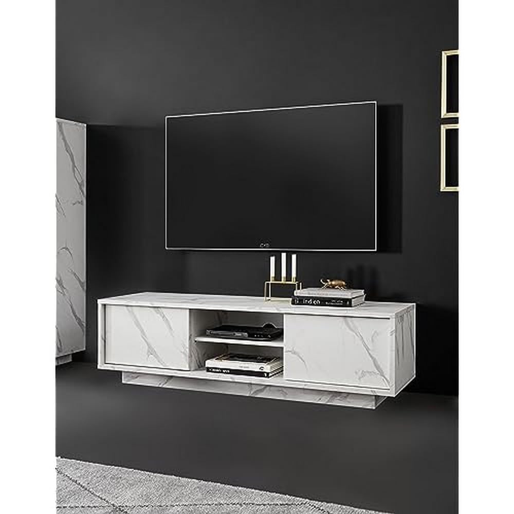 Lc Spa TV-Ständer Carrara mit 2 Türen und zentralem Fach mit Holzablage, Weißer Marmor, Large