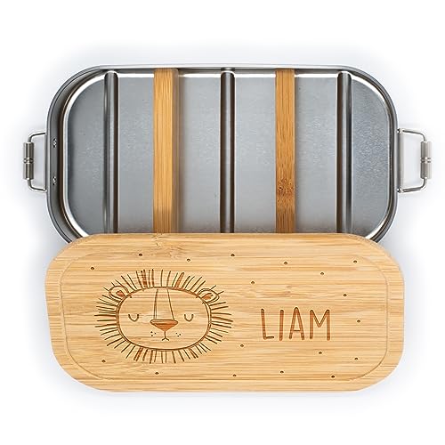 Kidsmood personalisierte Brotdose für Kinder | Individuelle Lunchbox aus hochwertigem Edelstahl mit Bambusdeckel | Personalisiertes Geschenk für Kinder mit Motiv und Wunschnamen [1100 ml.]