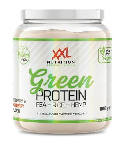 XXL Nutrition - Green Protein - Vegan Protein, Veganes Proteinpulver, Erbsen, Reis, Hanf - Elderberry & Strawberry - 1000 Gramm