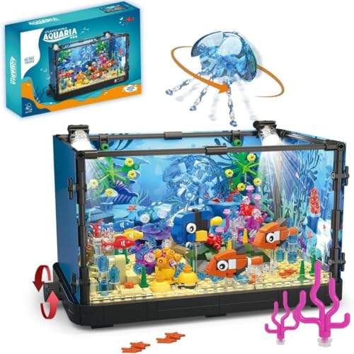 Aquarium Baustein Bausatz mit LED Licht, 725 Teile Aquarium Fish Tank Quallen Fisch Baustein Spielzeug, Kreative Geschenke für Kinder Erwachsene, Kompatibel mit Lego (7023)
