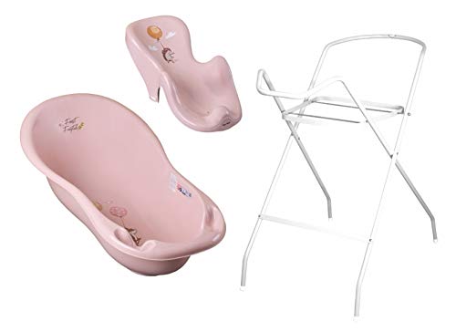 3er Set Baby-Badewanne Set ergonomische Babywanne 86 cm + Ständer Gestell + Badesitz Badewannensitz (rosa)