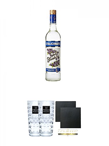 Stolichnaya Raspberry Blueberi Vodka 37,5% 0,7 Liter + Three Sixty Vodka Gläser 2 Stück + Schiefer Glasuntersetzer eckig ca. 9,5 cm Ø 2 Stück