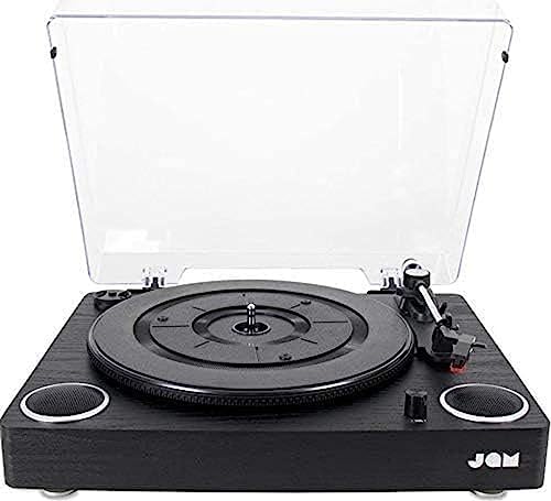 JAM Play Vinyl Plattenspieler Aufnahmefunktion (3 Geschwindigkeitsstufen + Riemenantrieb, Qualitativ hochwertige Keramik Kartusche Integrierte Lautsprecher, Aux-In, RCA Out und Staubschutz)