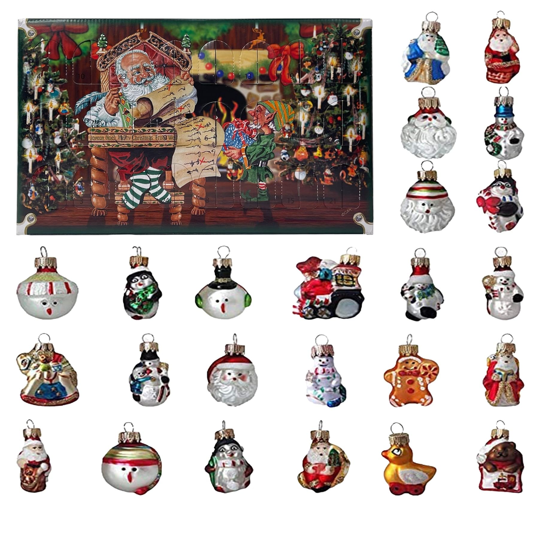 Adventskalender Weihnachtskalender mit Mini-Glasfiguren 4 cm Baumschmuck mundgeblasen und handdekoriert