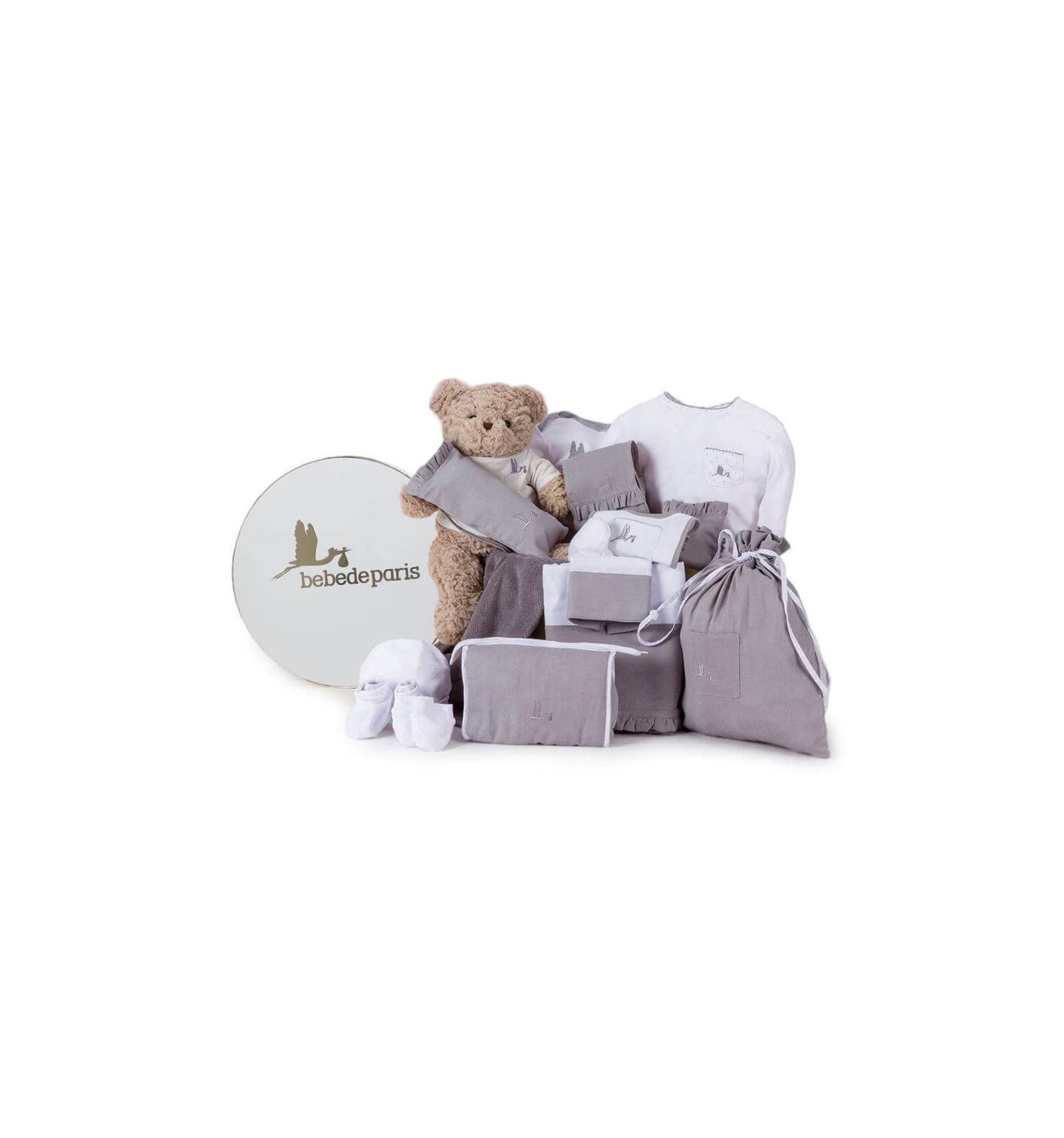 Geburtsgratulation, gefüllt mit praktischen Produkten für das Baby. Kompletter klassischer Grau Korb (Größe von 3 bis 6 Monaten).