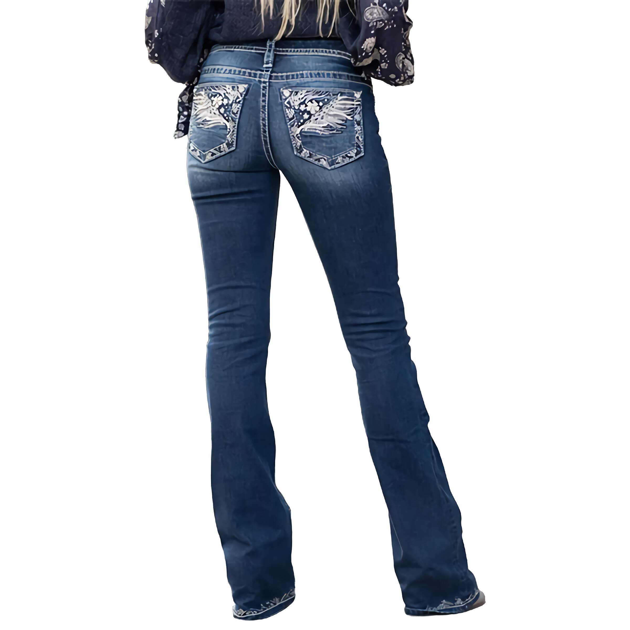 X-xyA Frauen Jeans Feder Blume Stickerei Mid Rise Dehnbare Bootcut Slim Wide Beinhose,Blau,S