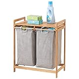 mDesign Badregal mit Wäschesammler – Zwei herausnehmbare Wäschebehälter mit Griffen – mit Ablage für Waschpulver, Weichspüler etc. – bambusfarben