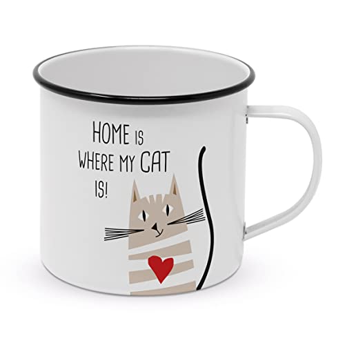 PPD Kaffeetasse Home Cat Happy 450ml Teetasse Emaille Kaffeebecher Cappuccinotasse Emaille-Tasse Kaffee-Tasse Tee-Tasse Henkeltasse Cappuccino-Tasse Henkel-Tasse