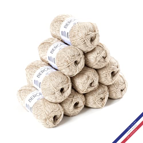 Bergère de France - LIN COTON, Wolle set zum stricken und häkeln (10 x 50 g) 30% französisches Leinen - 3 mm - Natürliches Garn für den Sommer - Beige (Etretat)