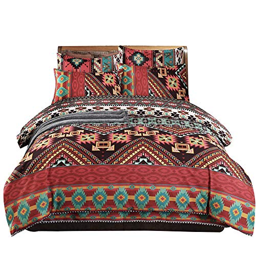 Geometrisch Bohemian Bettwäsche Set 3 teilig 155x220cm + 80x80cm Indischen Ethnischen Stil Geometrisch Muster Bettbezug Boho Exotic Microfaser Betten Set mit 2 Kissenbezug,Reißverschluss, Damen