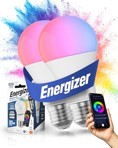 Energizer Smart LED, mehrfarbige dimmbare WLAN Birne, 9W, per App steuerbar, Home Leuchtmittel kompatibel mit Alexa, Google und Siri, kein Hub benötigt, Lampenfassung E27, 2 Stück, warmweiß, (S18687)