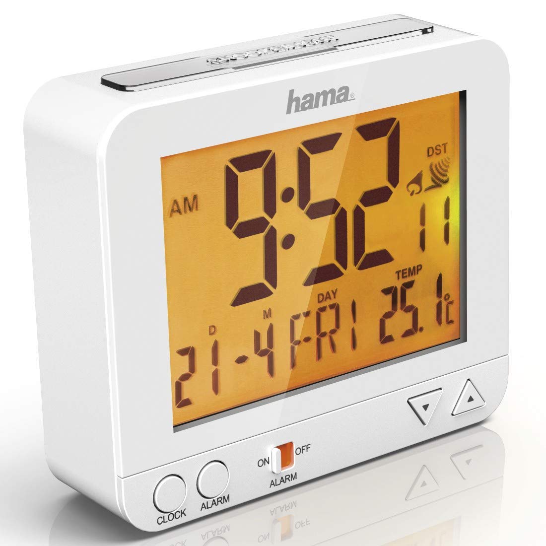 Hama Funk-Wecker Digital RC550 (Funkuhr mit Nachlicht, Digitalwecker mit Temperatur- und Datumsanzeige, Speed-Alarm, inkl. Batterie) weiß, 12.50 x 09.00 x 04.80 cm