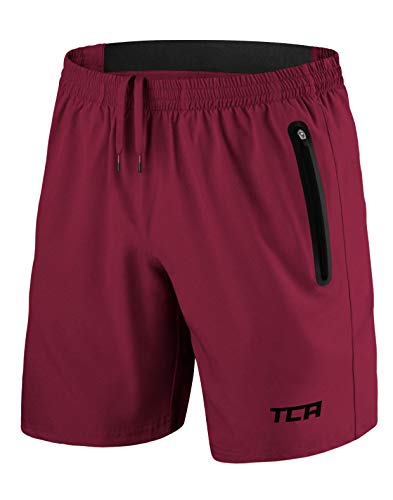 TCA Elite Tech Herren Trainingsshorts für Laufsport mit Reißverschlusstaschen - Carmine Red (Rot), XS