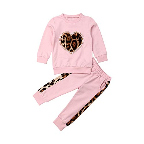 Verve Jelly Kinder Kleinkind Baby Mädchen Leopard Herz Print Baumwoll Sweatshirt Langarm Pullover T-Shirt Tops Lange Hose Herbst Winter Kleidung Set Rosa 100 2-3 Jahre