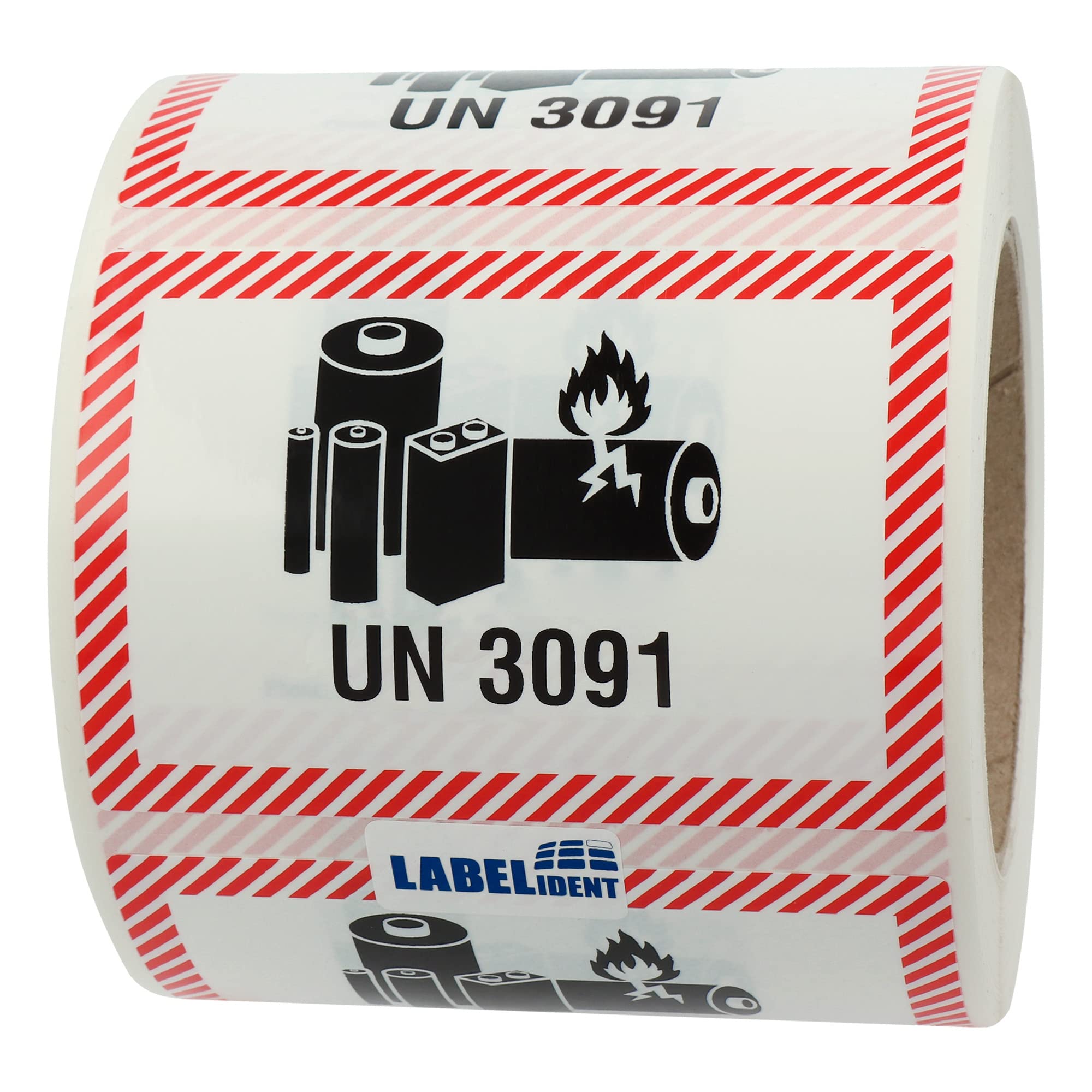 Labelident Transportaufkleber - enthält Lithium Metall Batterien UN 3091-100 x 70 mm - 500 Batterie Aufkleber auf 76 mm (3 Zoll) Rolle, Akku Etiketten
