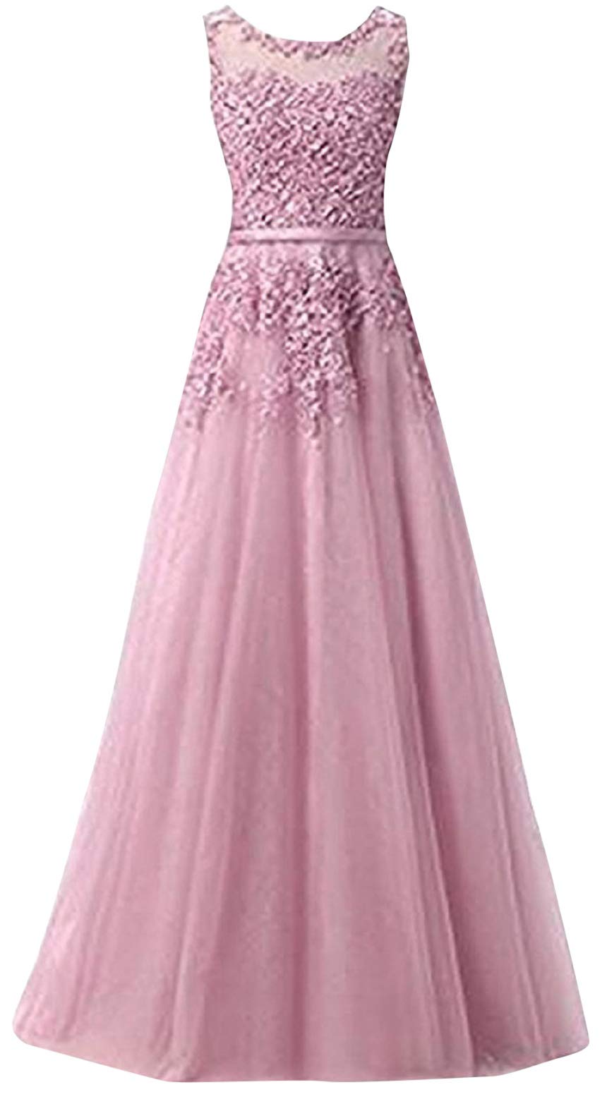 Romantic-Fashion Damen Ballkleid Abendkleid Brautkleid Lang Modell E010-E015 Blütenapplikationen Tüll DE Altrosa Größe 40
