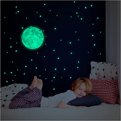 Ambiance-Live Wandtattoo Mond Leuchtfarben 30 cm mit 150 pétites Sterne und Planeten