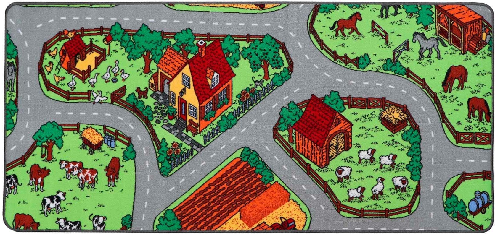 Spielteppich Kinderteppich ZOO Safari Straßenteppich - 140 x 200 cm, Spielmatte, Anti-Schmutz-Schicht, Kinderzimmer-Teppich mit Straßen und Tieren für Jungen & Mädchen