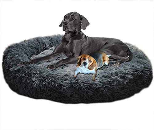 LINRUI Antistress Donut Hundebett Hoch XXL,Kuscheliges Hundekissen Memory Foam Flauschiges XXL Orthopädisch Oval Rund XL Hundehöhle für Mittelgroße große Hunde,Abwaschbar Dunkelgrau