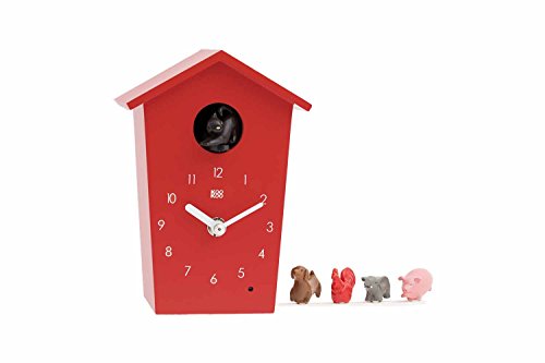 KOOKOO AnimalHouse Rot, Moderne kleine Kuckucksuhr mit 5 Bauernhoftieren, Aufnahmen aus der Natur Moderne witzige Design Uhr