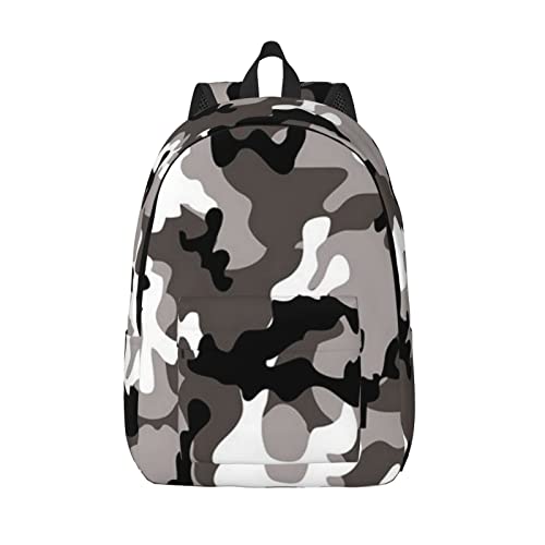 BRPOSOILYS Rucksack aus Segeltuch mit Camouflage-Druck, geeignet für Männer, Frauen und Jugendliche, Schwarz / Grau / Weiß, Schwarz Grau Weiß Camo, One size