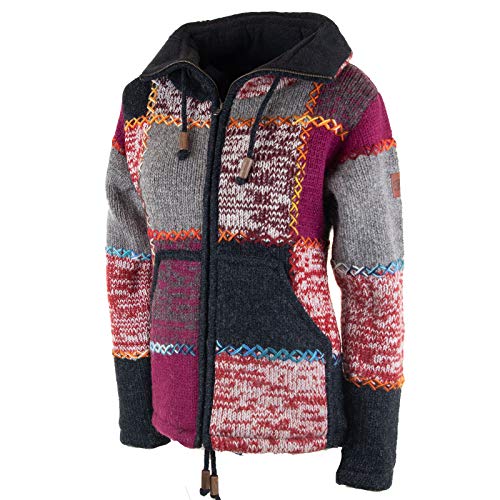 Damen Strickjacke Goa Wolle Bunte Patchwork Jacke mit Fleecefutter und Hochkragen, Größe:M