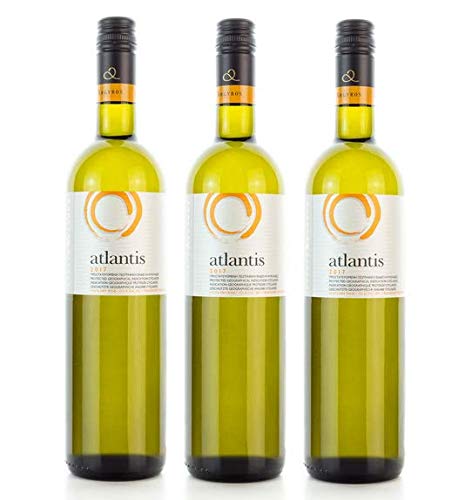 3x 750ml Atlantis Weißwein trocken knackig frisch Santorini Argyros griechischer Weiß Wein Set + 10ml Olivenöl von Kreta zum Test