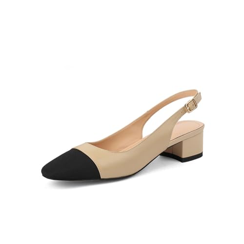 NEOFEN Slingback-Flats für Damen, runde Zehen-Sandalen mit niedrigem Absatz, modische Spleiß-Kleiderschuhe für Damen (Color : Beige, Size : 35 EU)