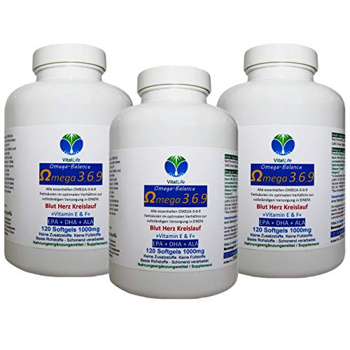 OMEGA 3-6-9 EPA + DHA + ALA - 360 Kapseln 2000mg ESSENTIELLE Fettsäuren/Tag - BLUT - HERZ - KREISLAUF - GEHIRN - ZELLEN - CHOLESTERIN - Mit Antioxidans Vitamin E - OHNE ZUSATZSTOFFE. 27060-3