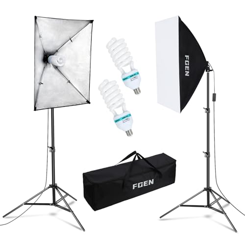 Softbox Fotostudio Set,FGen Fotolicht 2x50x70cm Beleuchtung für Fotostudios mit E27 Sockel 135W 5500K Fotolampe und 2M verstellbare Lichtstative für Studio-Porträts, Produktfotografie, Modefotos