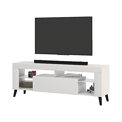 Selsey HugoB – TV-Lowboard, modernes TV-Sideboard mit Füßen und Glaseinlegeböden, 140 cm (Weiß Matt / Weiß Glanz, ohne LED)