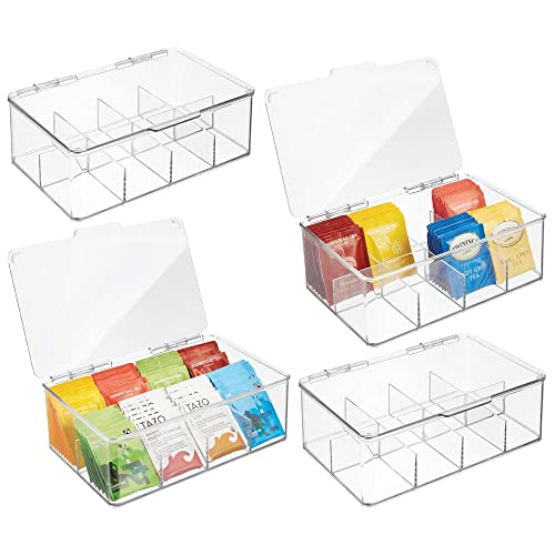 mDesign 4er-Set Küchen Organizer – praktische Teekiste mit Deckel für Küche und Speisekammer – Aufbewahrungsbox mit 8 Fächern für Tee, Kaffee oder Gewürze – durchsichtig