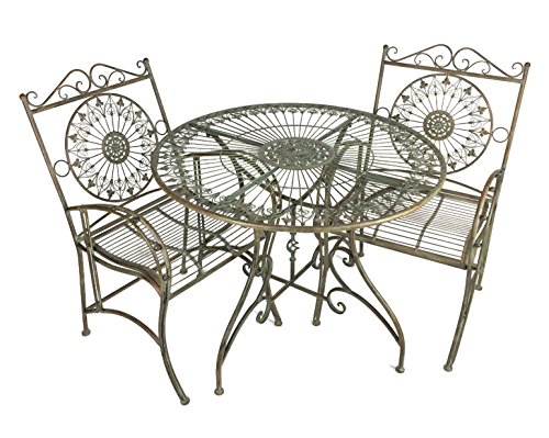 Crispe home & garden Gartenmöbel-Set Granada bestehend aus einem Tisch und Zwei Stühlen aus Metall im Landhaus-Stil, Antikgrün, pulverbeschichtet