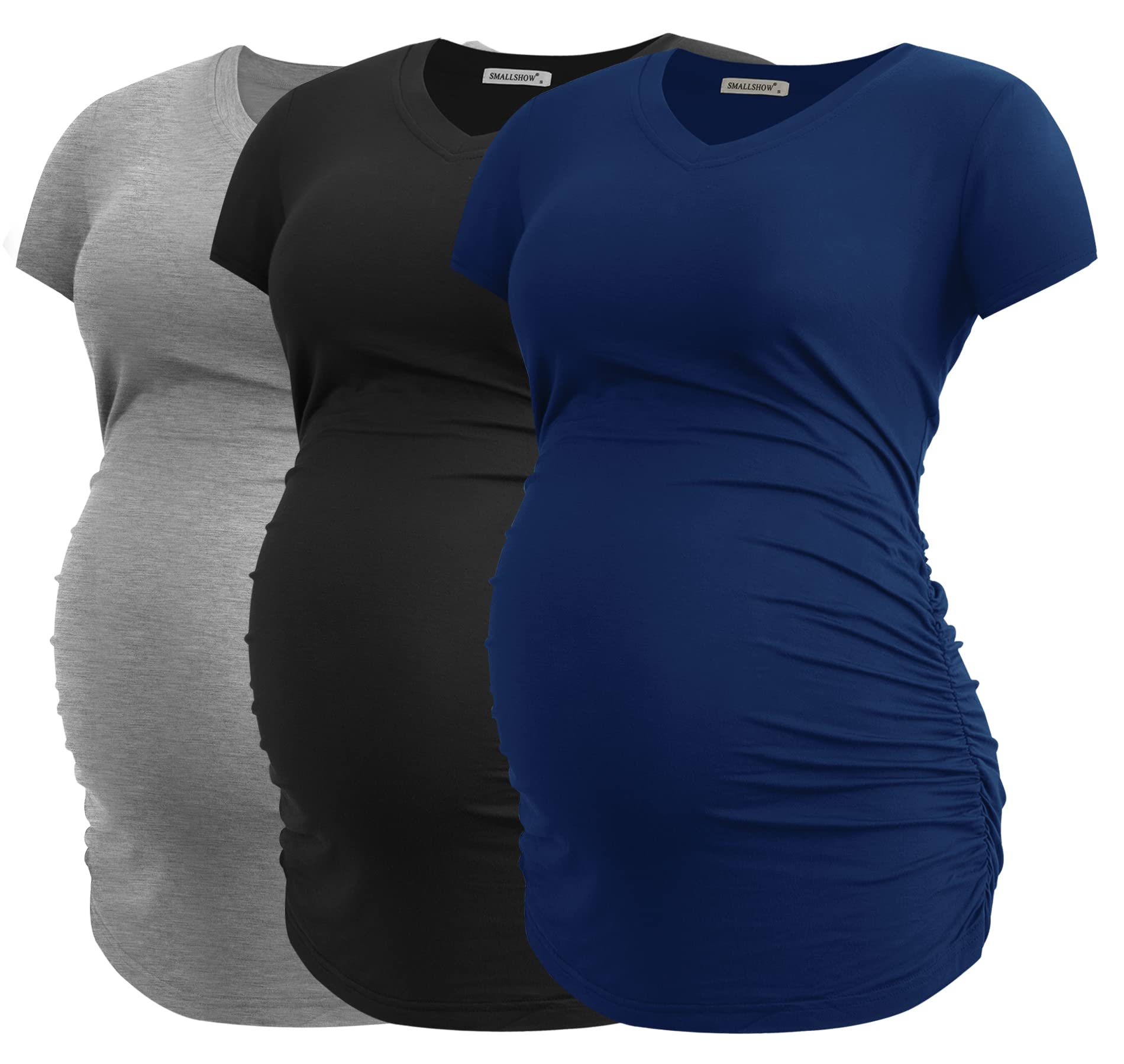 Smallshow Damen Umstandstop V Hals Schwangerschaft Seite Geraffte Umstandskleidung Tops T Shirt 3 Pack,Black-Light Grey-Navy,L