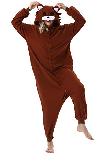 ULEEMARK Damen Jumpsuit Onesie Tier Fasching Halloween Kostüm Lounge Sleepsuit Herren Cosplay Overall Pyjama Schlafanzug Erwachsene Unisex Braun Bär for Höhe 140-187CM