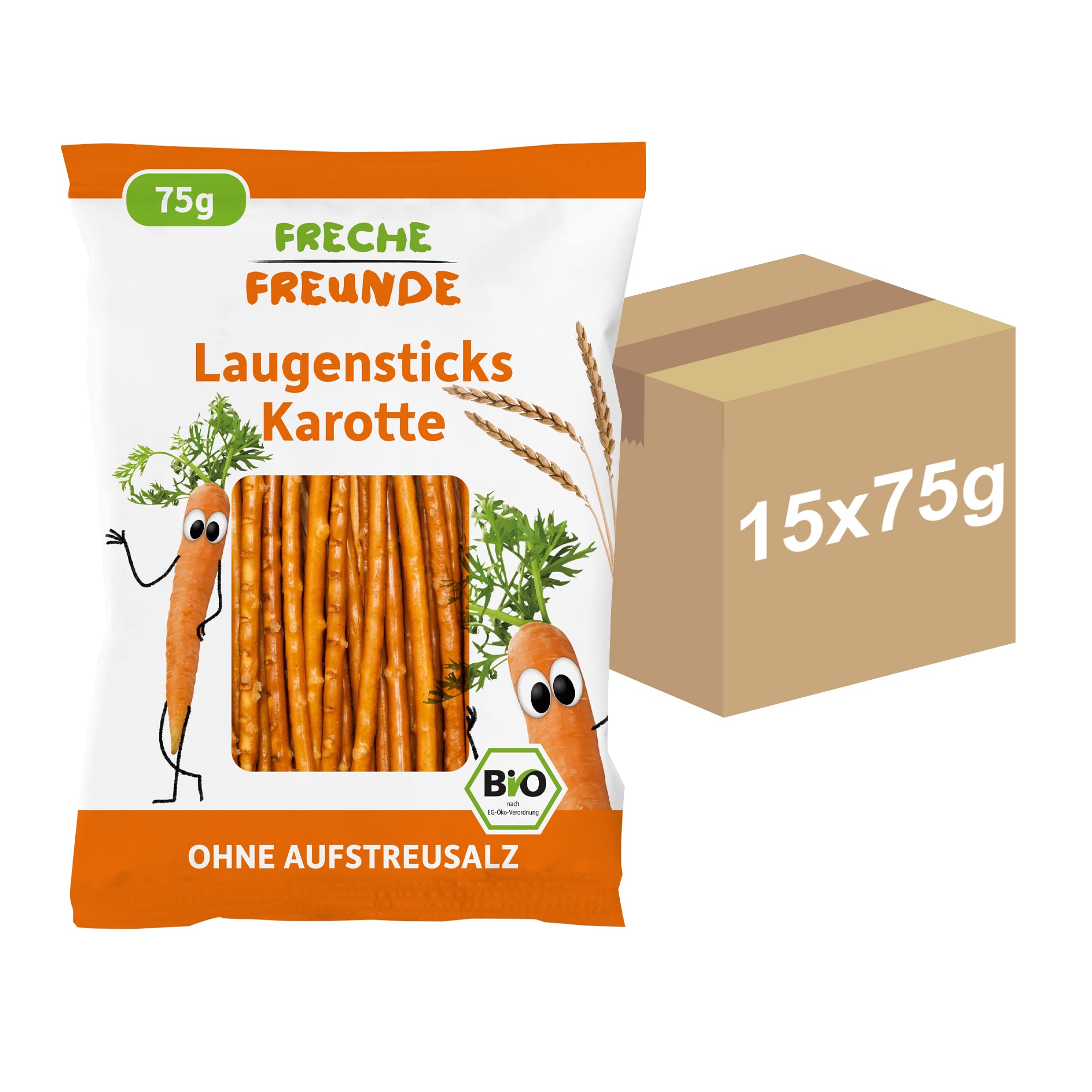 FRECHE FREUNDE Bio Laugensticks "Karotte", Knabberstangen ohne Aufstreusalz, mit Dinkelmehl, vegan, Kindersnack, 15er Pack (15 x 75 g)
