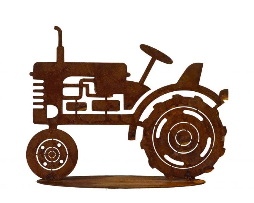 BADEKO Traktor auf Platte Bulldog Treker Landmaschine Edelrost Gartendeko Bauernhof Deko Edel-Rost Gartendeko Trekker Landmaschine Rostdeko Garten