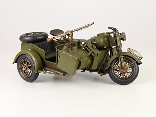 Deko Blech Motorrad mit Beiwagen Modell Retro Vintage Nostalgie Blech Länge 36,1 cm Army