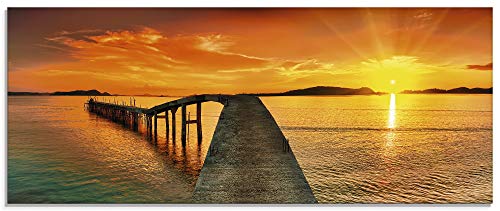 Artland Qualitätsbilder I Glasbilder Deko Glas Bilder 125 x 50 cm Landschaften Gewässer Foto Orange A7QW Sonnenaufgang über dem Meer Pier im Vordergrund Panorama