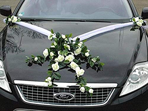 SPITZE STRAUß Auto Schmuck Braut Paar Rose Deko Dekoration Autoschmuck Hochzeit Car Auto Wedding Deko PKW (Weiß)