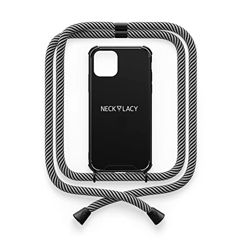 NECKLACY® - Die Premium Handykette für Apple iPhone 13 Pro Max in Black Glow in The Dark | Schwarze Handyhülle mit hochwertiger Kordel zum Umhängen - Smartphone Crossbody Case