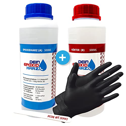 Epoxidharz mit Härter - RESIN ART | 1:1 Formel | 1000ml | Kristallklar, UV-Schutz, Mittelviskos | im Set mit Handschuhe + Rührstab