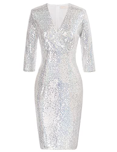 Belle Poque Damen 3/4 Ärmel V-Ausschnitt Pailletten Hüftbedeckend Kleid Flapper Kleid 20er Jahre Silber XXL