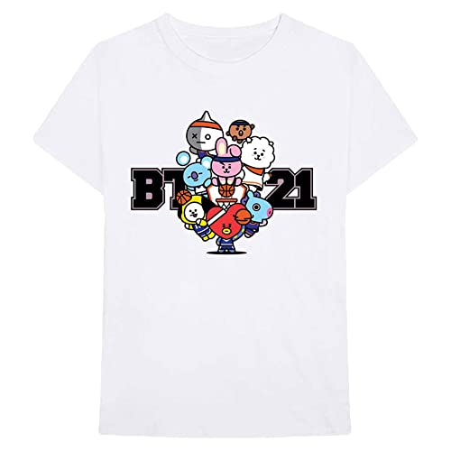 BT21 Offizielles T-Shirt BTS Hero Badges K-Pop Koya Rj Shooky, Unisex, Grau, Dream Team White, S