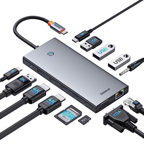 Baseus USB C Docking Station 3 Monitore, 13-in-1 USB C Hub mit 2 HDMI 4K@60Hz, DisplayPort 4K@120Hz, VGA, USB 3.1 10 Gbps Datenübertragung, PD 100W und Ethernet für Dell/HP/Lenovo/Surface Laptop