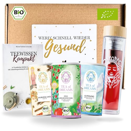 Gute Besserung Tee Geschenkset – 3 Bio-Tees, Teeflasche To-Go & 48-seitiges Tee Magazin – Das ultimative Genesungsgeschenk für Männer und Frauen - get well soon